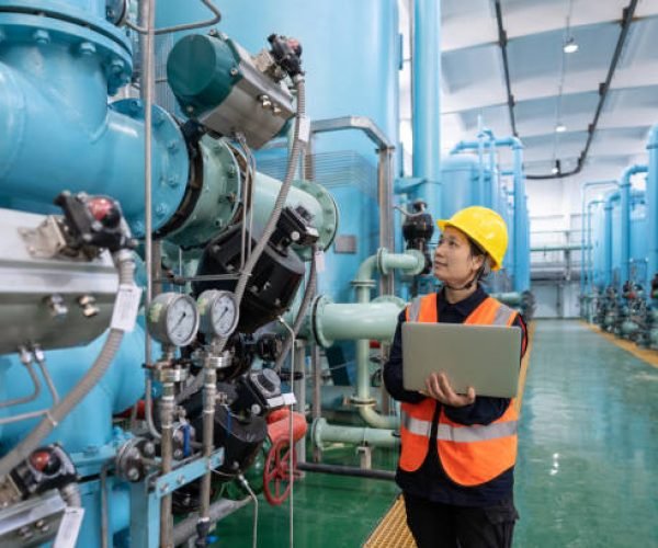 A female engineer works in a chemical plant using a laptop computer Jinshuo Factory